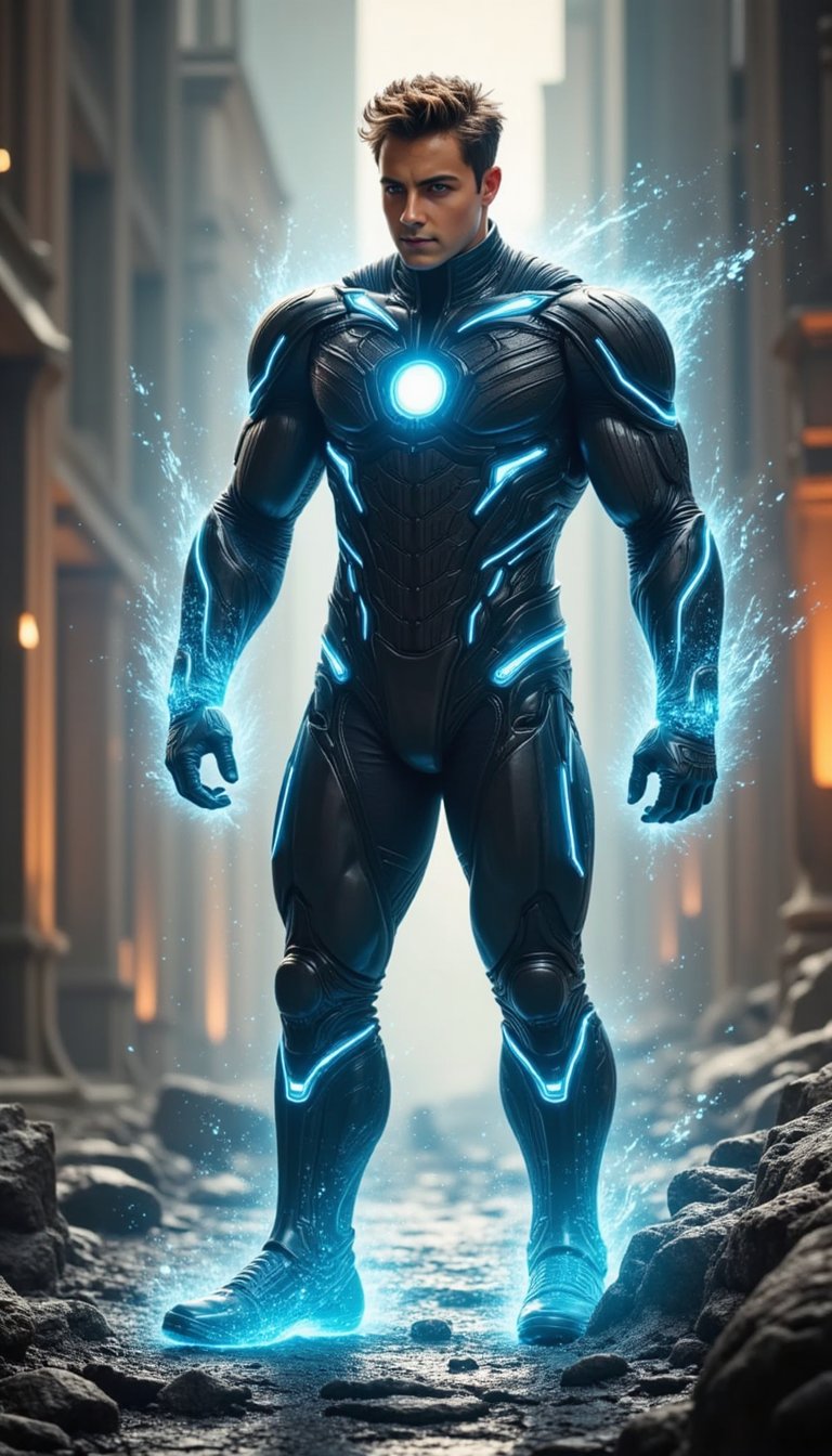 A powerful superhero figure stands at the center of a glowing energy core, with radiant pulses of light behind them. Their futuristic suit features subtle tech enhancements and glowing accents, as they look forward with fierce determination under a dramatic blue-orange glow.