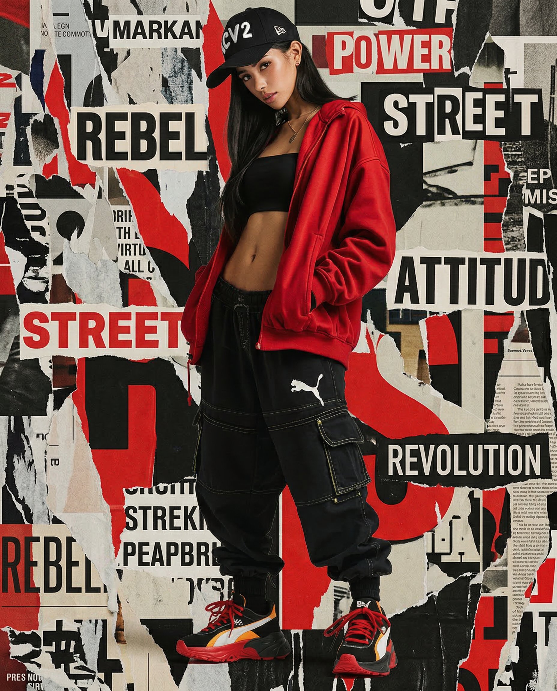 Use the uploaded image as the identity and pose reference for the model.

IDENTITY PRESERVATION
The person in the uploaded image must remain exactly the same.

Preserve precisely:
• face structure
• eye shape and spacing
• nose shape
• lips
• skin tone
• hairstyle and hair color
• body proportions

No identity change.

POSE AND BODY
Preserve the pose and body posture from the uploaded image.

The body stance must remain natural and confident like a fashion editorial pose.

WARDROBE
Preserve the clothing from the reference image.

Clothing texture, color, and silhouette must remain accurate.

EDITORIAL STYLE
Create a **bold street-fashion magazine poster**.

The image should feel like:
• a fashion magazine cover
• a street culture editorial poster
• a high-end fashion campaign

Visual tone:
rebellious, confident, stylish, modern.

BACKGROUND DESIGN
Create a dramatic **street poster collage background**.

Use layered elements such as:
• torn poster textures
• ripped magazine pages
• street typography
• graphic red and black shapes
• newspaper collage fragments

Background should feel like a street wall covered with posters.

TYPOGRAPHY
Add bold graphic editorial typography integrated into the background.

Possible words:
REBEL  
STREET  
POWER  
ATTITUDE  
REVOLUTION  

Typography style:
• bold magazine headlines
• street poster typography
• layered collage text

Text must feel embedded in the poster design.

COMPOSITION
Magazine cover layout.

Characteristics:
• subject centered or slightly off-center
• strong vertical poster composition
• graphic elements framing the model
• balanced editorial layout

CAMERA
Professional fashion editorial photography.

Lens style:
35mm fashion editorial lens.

Framing:
mid-body or full-body fashion portrait.

LIGHTING
High-end fashion studio lighting.

Lighting characteristics:
• dramatic directional light
• strong highlights on clothing
• deep contrast shadows
• glossy fashion lighting

COLOR STYLE
High contrast editorial color grading.

Dominant palette:
• red
• black
• neutral tones

Cinematic magazine color treatment.

TEXTURE
Add subtle print grain and poster texture to create a real magazine print feel.

QUALITY
ultra detailed
high fashion editorial photography
magazine cover quality
sharp focus
professional fashion campaign rendering

NEGATIVE
no identity change
no distorted anatomy
no cartoon style
no random floating text
no watermark
no low resolution