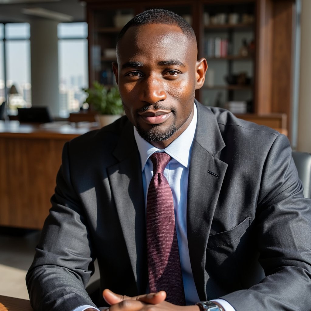 Three-quarter seated shot, 35 mm f/2.4. Man in late 40s, medium brown skin, short fade haircut with sharp edges. Charcoal slim-fit suit, light blue Oxford shirt, patterned navy tie. Leaning slightly forward with clasped hands. Lighting: daylight streaming through glass walls with slight rim on hair. Background: blurred skyline, clean glass surfaces, no paper clutter.