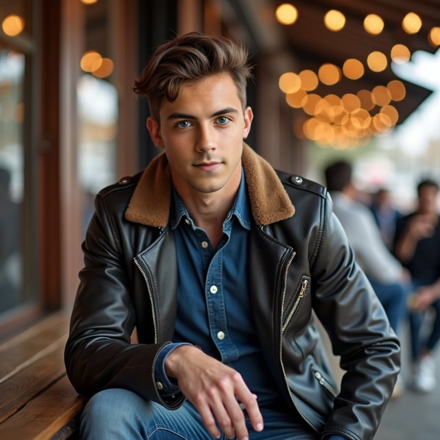 man in a relaxed social setting, such as sitting on a bench or leaning against a railing. He has a confident smile or a thoughtful expression, dressed in trendy casual wear like a leather jacket or denim shirt. The lighting adds warmth and highlights his natural appeal