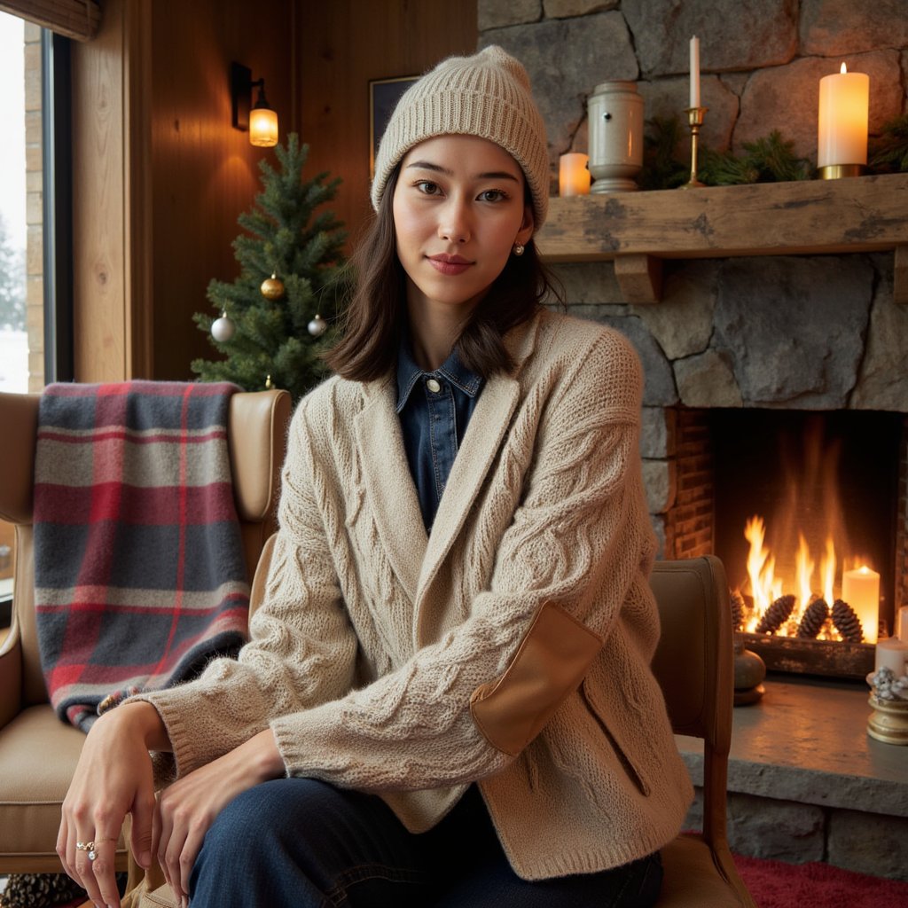 Woman seated near a stone fireplace in an alpine-style lodge; direct gaze, relaxed smile. Hairstyle: loose center-part waves tucked into a ribbed wool beanie. Attire: chunky cable-knit cashmere sweater layered over a collared chambray shirt; quilted vest open; suede elbow patches visible. Fabric details: cable depth, cashmere fuzz, chambray weave, matte nylon quilting. Camera: eye-level, 50mm, f/1.8 for strong subject isolation. Lighting: warm fireplace key + cool window fill for dimensional contrast; subtle rim from sconce. Background: blurred plaid stadium blanket on chair, pine boughs with pinecones, weathered leather armchair, minimal clutter. Pose: forearms resting, shoulders cozy. Render: highly detailed, highly realistic, HDR; maintain natural skin texture and detailed knit fidelity.
