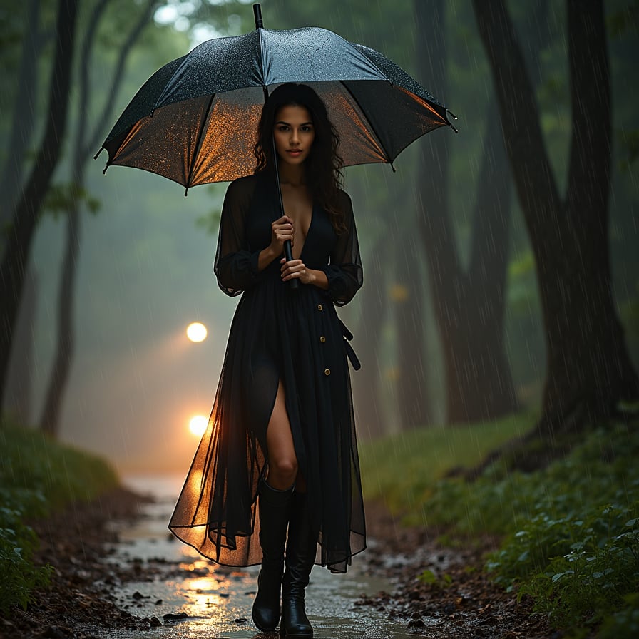 woman in stylish raincoat and boots, holding a chic umbrella, gazing directly at the camera with a subtle smile, amidst a gentle rain shower, with city lights reflecting off the wet pavement, against a moody twilight backdrop with blurred cityscape in the background.