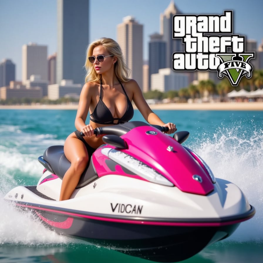 In the foreground, a game character woman in her late twenties, with stylized sun-kissed skin and long, animation-ready wet hair pulled back, leans forward on a sleek pink-and-white jetski racing across the bay. She wears a black sleeveless top and reflective sunglasses that catch the sunlight. Her body is lit with sharp highlights and stylized water reflections. Around her, turquoise spray arcs into the air with clean, cinematic motion. Behind her, the Vice City skyline is rendered in simplified pastel blocks against a bright, open sky. In the top right corner, the GTA 6 logo is prominently displayed. Rendered in the style of Rockstar Games - Vice City, Liberty City or GTA.