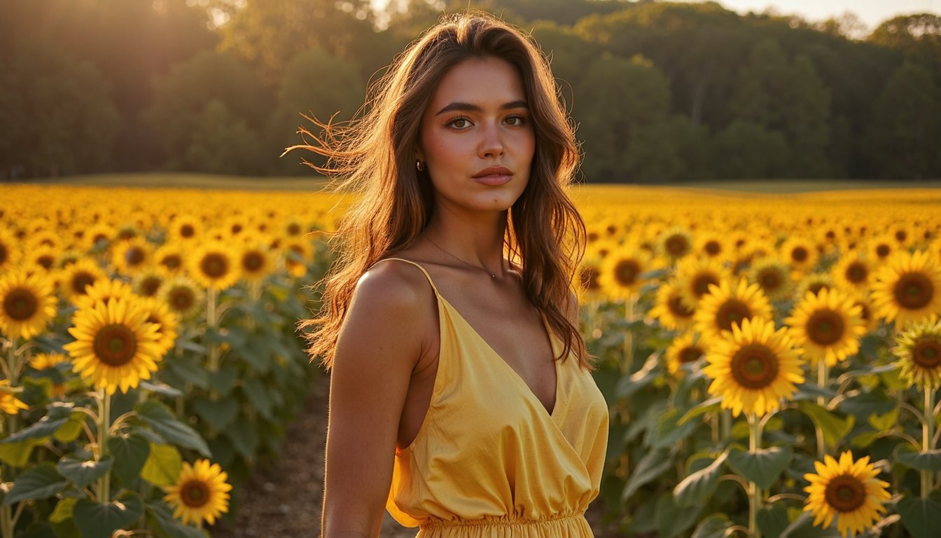 Waist-up shot of a woman in a modest, flowing yellow dress, hair gently tousled by wind, standing in a vast sunflower field during golden hour, warm sunlight casting soft glows on her skin, serene expression, 4K photo-realism, high contrast cinematic lighting, 16:9