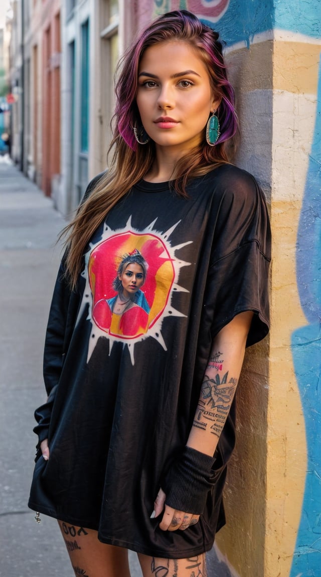 Punk style woman, graffiti alley, intricate details, noir vibe.