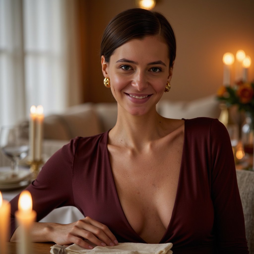 Highly realistic, highly detailed, hyperrealistic HDR waist-up portrait of a woman (female, ~42 yrs) seated at a wooden dining table illuminated by candlelight. Camera straight-on at eye level. She wears a deep burgundy wrap dress with satin sheen, neckline softly draped. Her hair is styled in a neat low chignon, gold earrings glinting in the warm light. Background softly blurred — faint glimmer of tableware and blurred candle flames, no clutter. Lighting gentle but directional, creating chiaroscuro contrast between right and left cheek. Skin shows natural warmth and glow, reflections on fabric and glass realistic. Thanksgiving elegance and intimacy. HDR, high resolution, high quality, highly detailed, photorealistic.