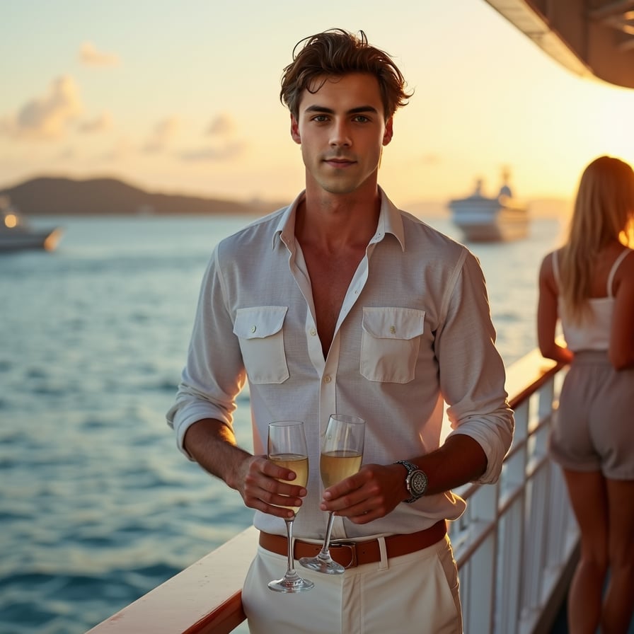 Exploring Ports: The model is dressed in a stylish yet practical outfit for exploring port destinations. he’s seen walking along the quay, interacting with locals, or shopping at a portside market, capturing the adventurous and chic side of cruise travel.