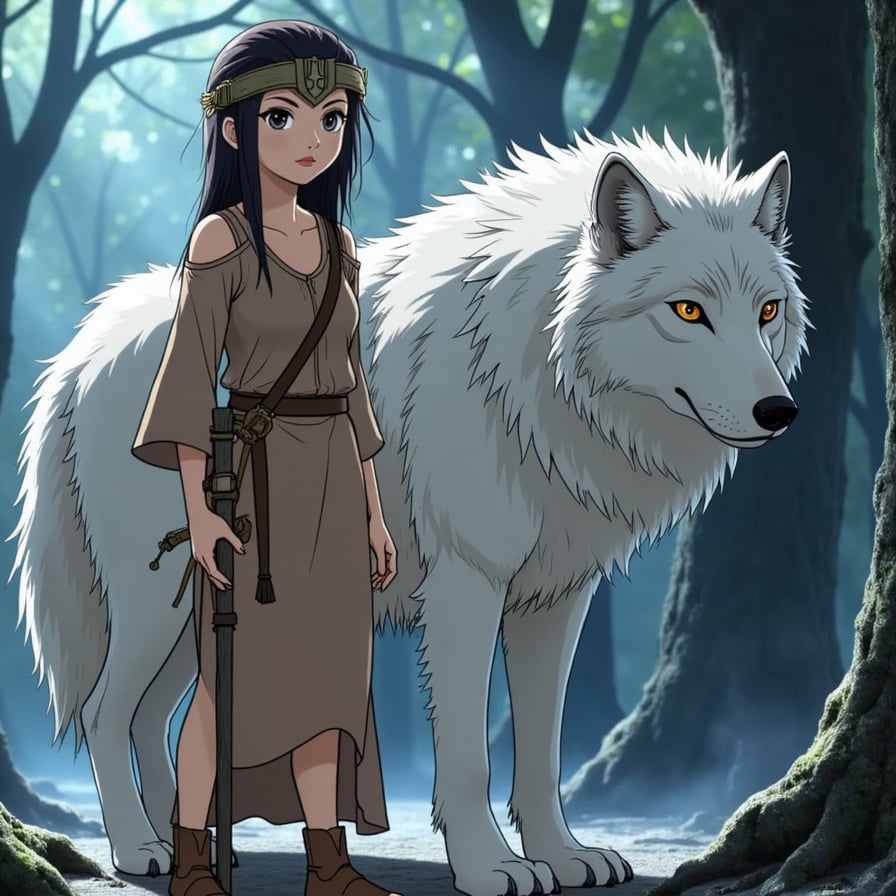 woman with wild, untamed hair and a fierce gaze, wearing a primitive, earth-toned dress and a mysterious mask, holding a worn, wooden spear, standing beside a majestic, snowy-white wolf with piercing eyes, set against a misty, mystical forest backdrop with towering trees and ancient, gnarled roots, illuminated by dappled, eerie sunlight filtering through the fog, image generated in anime style
