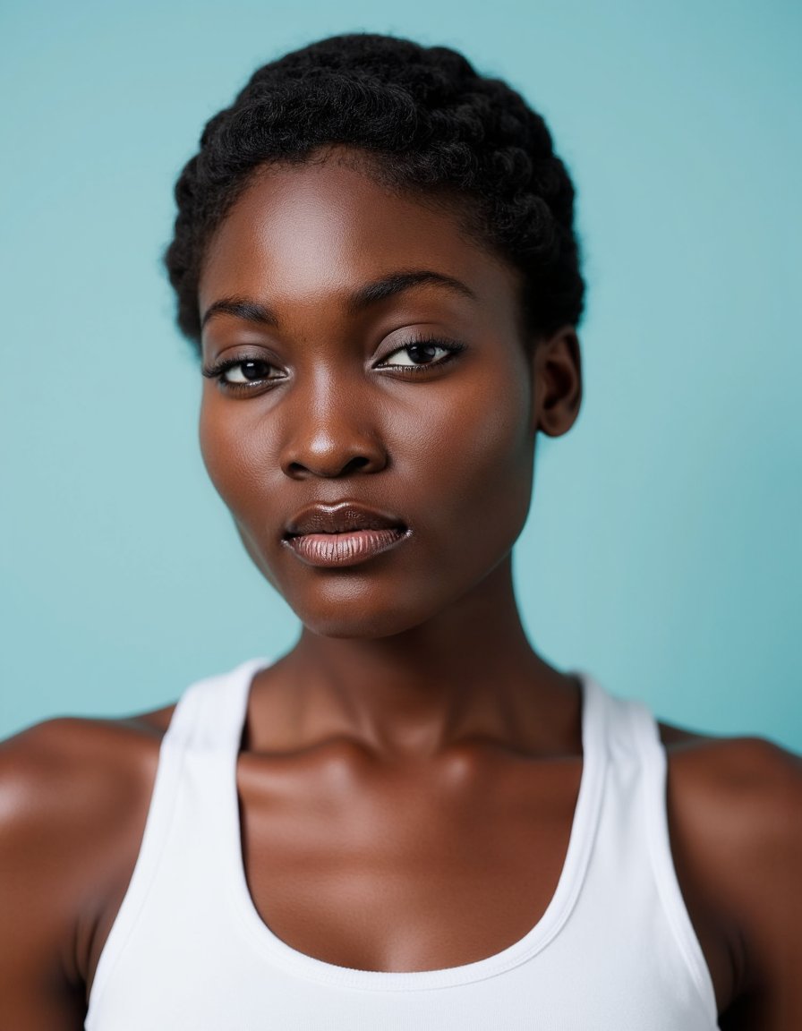 Chest-up close portrait of a woman with, short curly hair, wearing a minimalist white tank top. Facing frontally with serene expression. Background: solid pastel blue backdrop. Even, soft studio lighting. Emphasis on natural skin texture, subtle imperfections for photorealism.