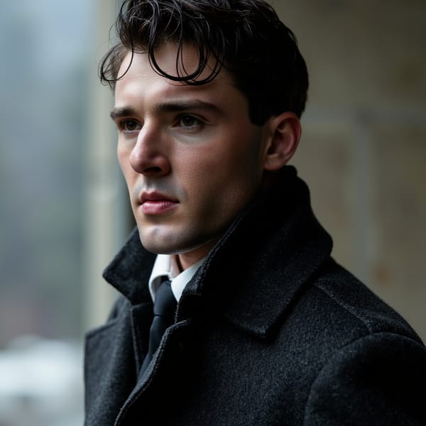 A cinematic dramatic portrait of a man (late 30s) with a controlled “spy film” vibe, waist-up, strong profile-to-three-quarter angle, camera at shoulder height with a slight tilt for tension. Hair: slicked-back dark hair with a clean side part, a few imperfect strands. Face: realistic skin texture, faint forehead lines, subtle scar near eyebrow, sharp jawline with light stubble, expression restrained and suspicious, eyes cutting sideways. Wardrobe: charcoal wool overcoat with visible weave and lint detail, white shirt collar, dark tie slightly loosened; fabric folds look natural and heavy. Lighting: hard key light from camera-right creating a sharp shadow edge across face, thin rim light behind to outline coat, background fades into deep darkness with a faint smoky haze, no objects. Camera: 70mm lens, f/2.8, crisp edge definition, controlled contrast, cinematic grading with muted tones. Highly detailed, highly realistic, HDR quality, cinematic lighting, minimal clutter, dramatic shadows.