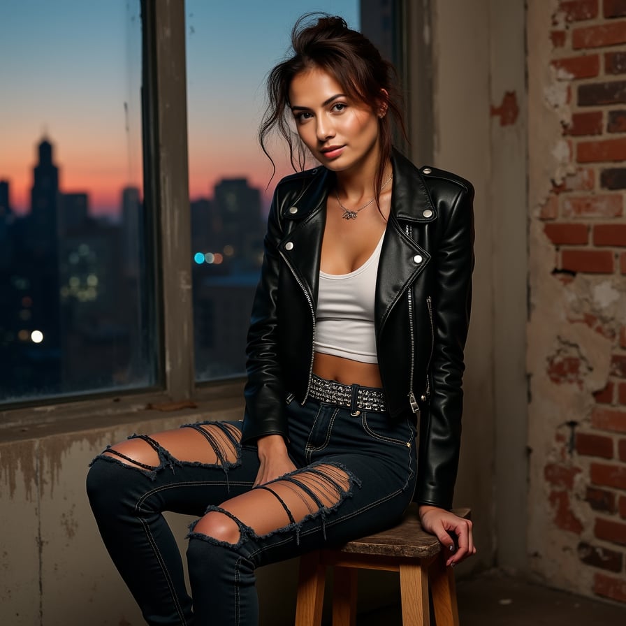 Pose: Sitting on a worn, wooden stool, with her legs crossed and her arms resting on her knees.
Expression: Intense, with a hint of defiance and a raised eyebrow.
Clothing: A black leather jacket, a white tank top, and ripped jeans, giving off a tough, edgy vibe.
Accessories: A silver studded belt, a pair of chunky boots, and a messy, undone hairstyle.
Background: A gritty, urban background with exposed brick walls and a cityscape at night.