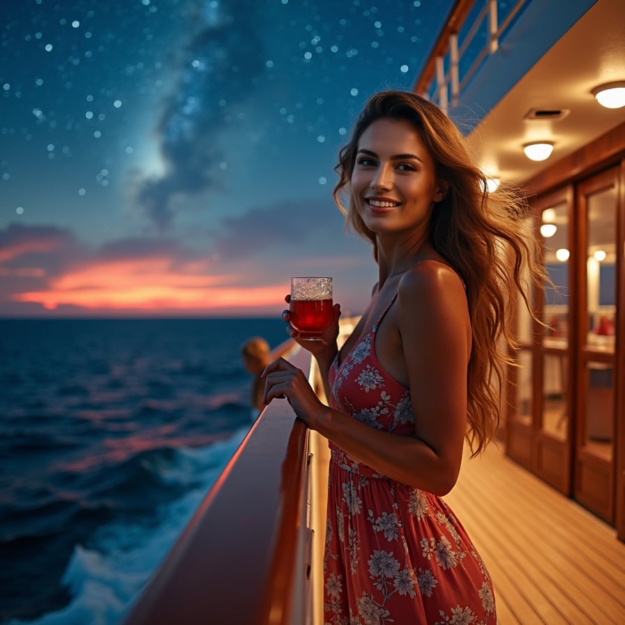 Night Under the Stars: The model is on the ship’s top deck during a starlit evening, dressed in a glamorous evening gown or elegant loungewear. She’s enjoying a romantic dinner or a quiet moment, with twinkling lights and the vast expanse of stars above.