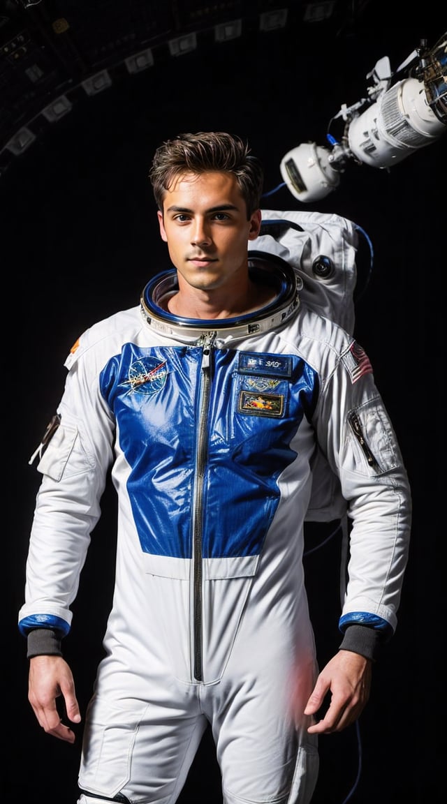 Heroic astronaut in spacesuit, vibrant lighting, tech-inspired backdrop.