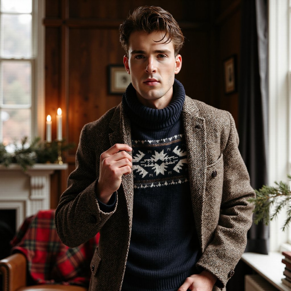 Man standing near a mullioned window, body angled 30° from camera, eyes to lens, calm expression. Hairstyle: side-part with light pomade, neatly trimmed beard. Attire: heritage Fair Isle wool sweater layered over an Oxford shirt; tweed sport coat draped over shoulders; wool scarf loosely looped. Fabric details: jacquard knit definition, tweed herringbone, oxford weave. Camera: slightly above eye-level, 50mm, f/2.2. Lighting: cool daylight key through window + warm bounce from room for mixed-temperature holiday glow. Background: blurred evergreen boughs, leather-bound books, subtle tartan throw on a chair; minimal objects, no clutter. Pose: one hand lightly touching scarf edge. Render: highly detailed, highly realistic, HDR; crisp knit pattern; lifelike eye catchlights.