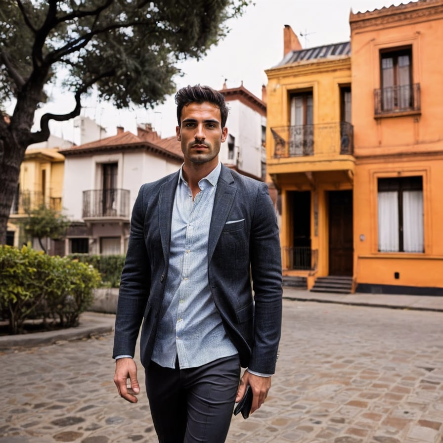 Trendy city dweller, sleek outfit, modern skyscrapers in the background.