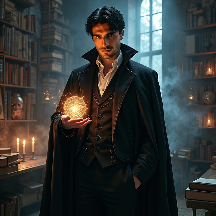Depict a vampire man with an intense, mystical presence, surrounded by arcane books and magical symbols in an industrial-style loft. He has pale skin, dark hair, and wears a black coat with intricate details. He holds a glowing, ancient-looking artifact that casts a faint, supernatural light on his face. The scene has a mysterious and intellectual vibe, blending modern urban style with ancient, magical elements
