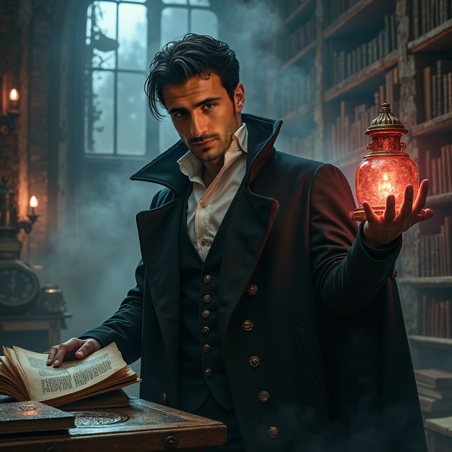 Depict a vampire man with an intense, mystical presence, surrounded by arcane books and magical symbols in an industrial-style loft. He has pale skin, dark hair, and wears a black coat with intricate details. He holds a glowing, ancient-looking artifact that casts a faint, supernatural light on his face. The scene has a mysterious and intellectual vibe, blending modern urban style with ancient, magical elements