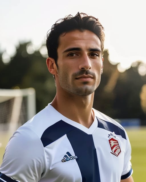 Athletic man in action, soccer jersey, green field, sunlight.