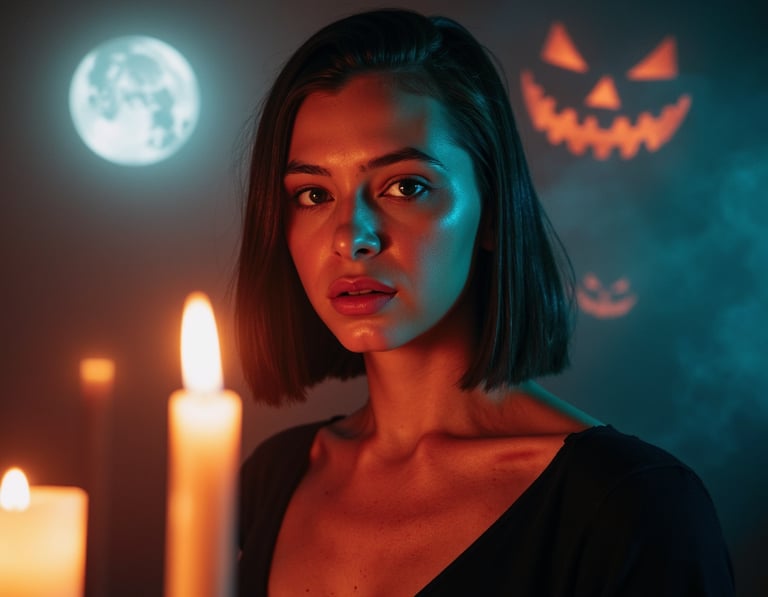 ultra-realistic halloween ai portrait of a woman lit by soft orange candlelight 
