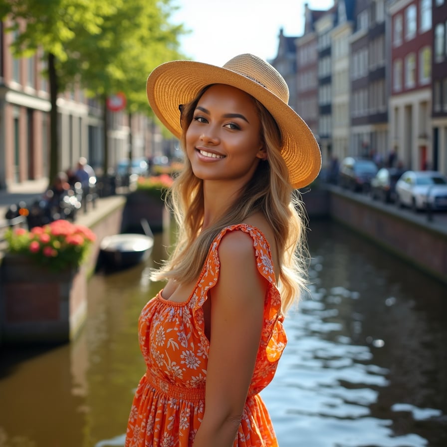 woman wearing a bright, colorful dress, donned in a trendy straw hat, standing in front of a charming Amsterdam canal with historic buildings and blooming flowers, under a warm, sunny sky