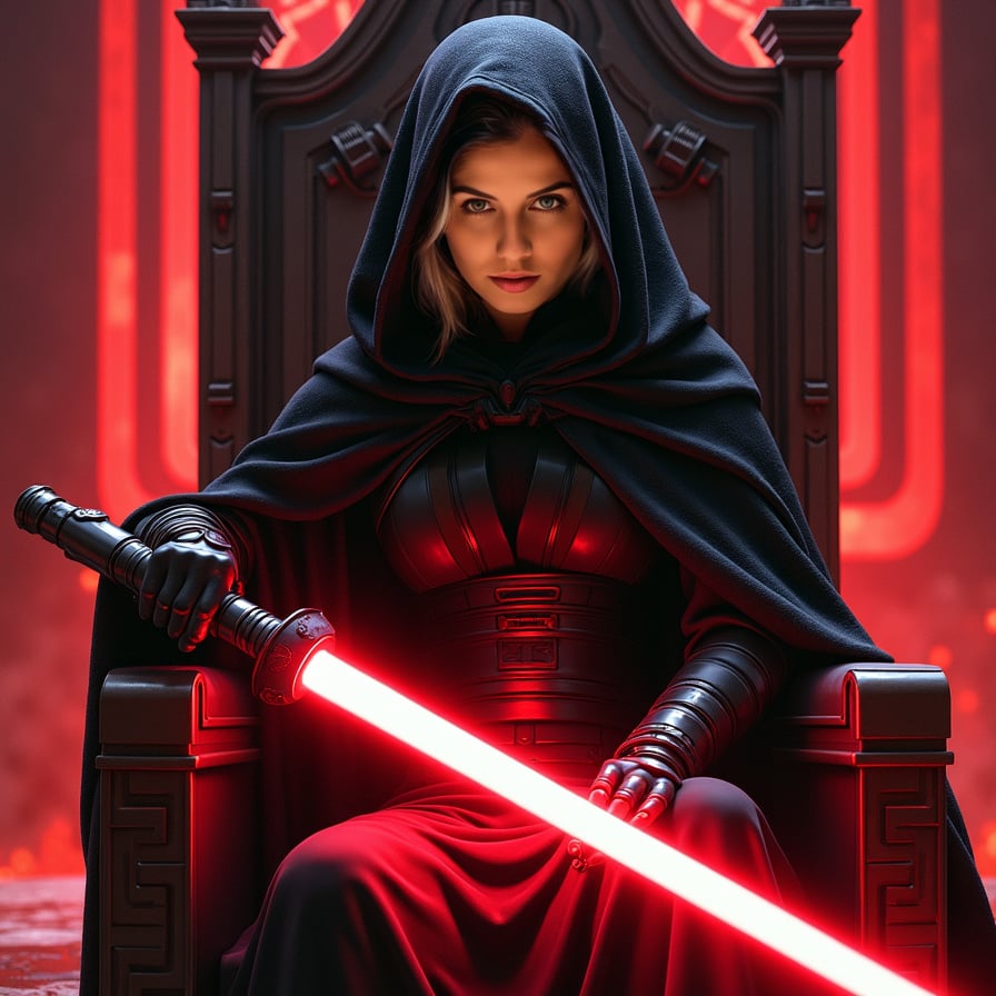 A powerful female Sith sits on a throne, facing the camera with a fierce and intense gaze. The shadows around her are illuminated by her red lightsaber, which she holds across her lap. Her dark armor and the ominous, red-lit chamber create an intimidating atmosphere.