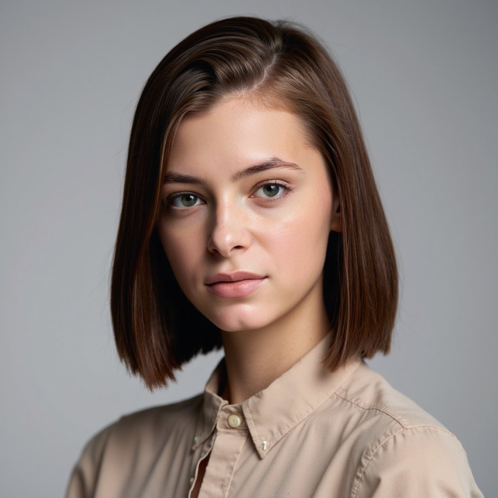 A highly realistic HDR passport photo of a woman in her mid-20s framed in a tight head-and-shoulders shot. She has sleek, straight chestnut-brown hair cut into a shoulder-length blunt bob with a perfect center part. She wears a fitted beige blouse with a smooth matte surface. Lighting is soft and diffused from both sides, eliminating any harsh shadows. The background is a very light gray-to-white gradient, barely noticeable, adding depth without distraction. Camera angle is centered at eye level. Her expression is neutral, face relaxed. The image captures fine fabric details, natural skin texture, and subtle light reflection on her hair strands. Clean, minimal, and extremely professional.