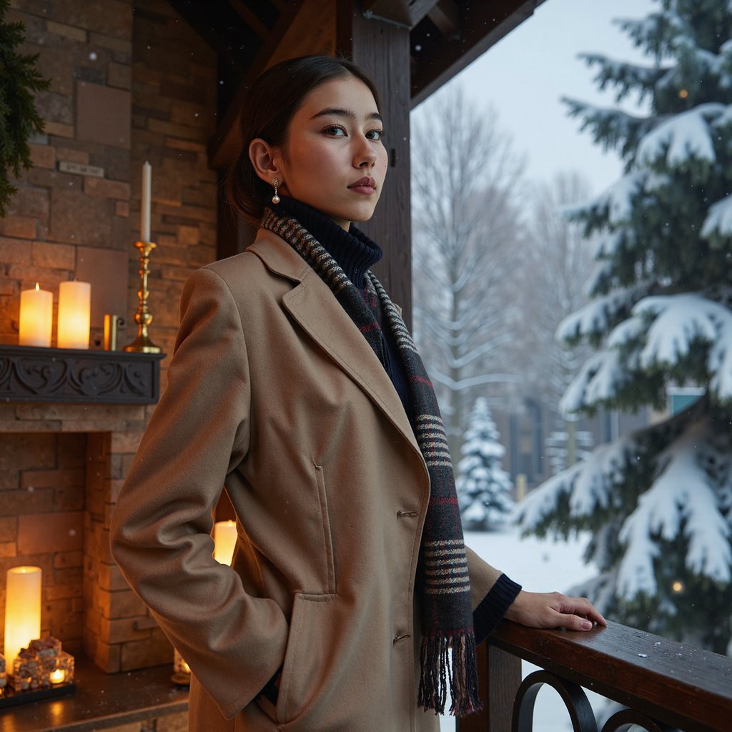Woman on a balcony overlooking snow-covered evergreens, ambient blue hour light. Hairstyle: low bun with a few loose strands framing her face. Attire: long camel coat with high collar, plaid wool scarf, small gold earrings. Fabric details: visible wool fibers, soft woven plaid, faint frost speckles. Camera: slightly below eye level, 50mm, f/2.0. Lighting: cool ambient snowlight + subtle warm reflection from interior light behind her. Background: blurred snowflakes and golden window bokeh; soft, romantic atmosphere. Pose: one hand on balcony rail, subtle smile over shoulder.
Render: highly detailed, highly realistic, HDR; visible snow crystals, fabric texture, and natural cold-air glow.
