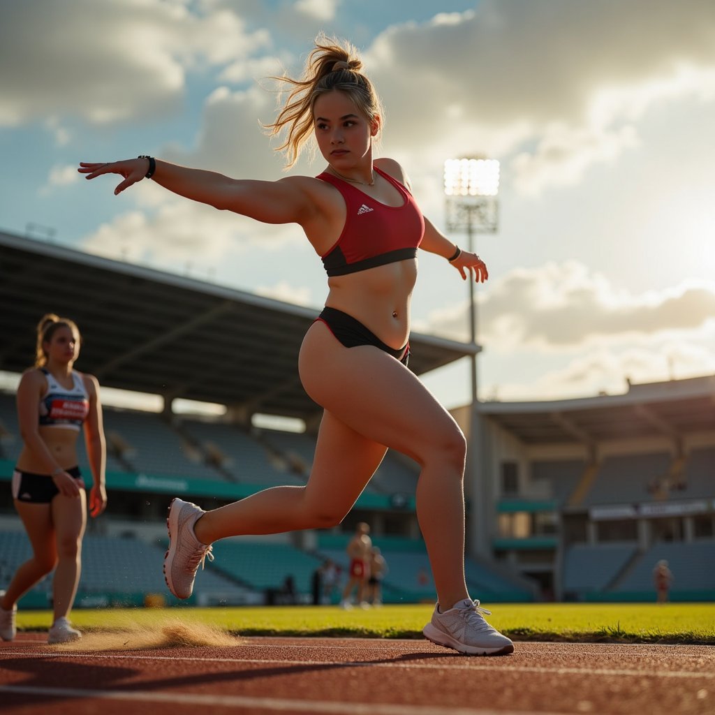 Knee-up image of a discus thrower in mid-warmup, arm stretch in foreground, blurred field backdrop, intense focus on movement prep