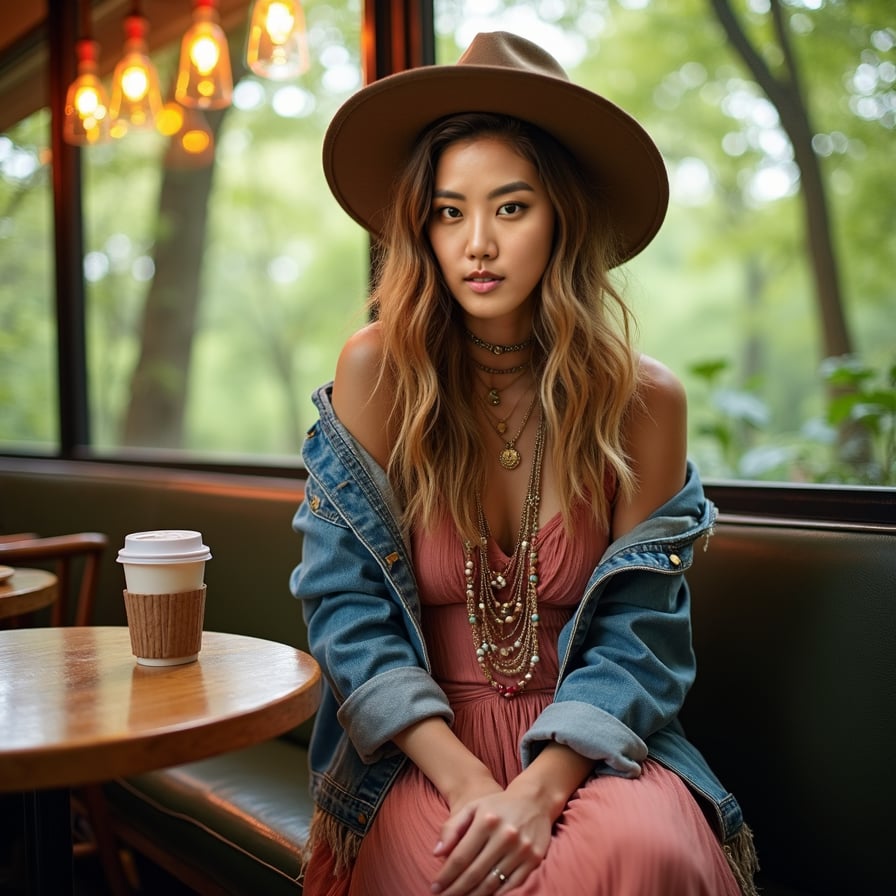 girl with casual attire, sitting in a trendy restaurant, surrounded by modern decor and vibrant lighting, with a cup of coffee or a delicious meal in front of her