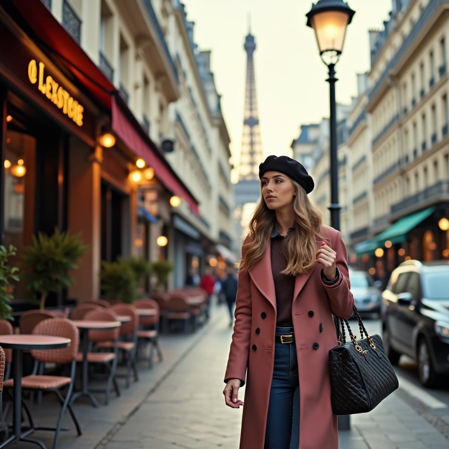 woman in a stylish outfit, wearing a beret and holding a Chanel-inspired handbag, walking down a charming Parisian street lined with cafes and boutiques, under the soft glow of street lamps and surrounded by historic Haussmannian buildings.
