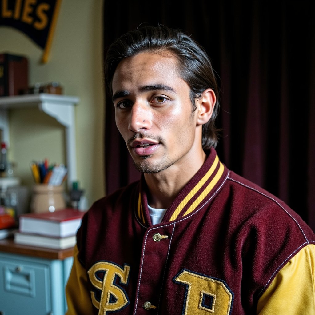 Hyper-detailed 1960s yearbook image of a drama club student mid-performance, shot from a low angle with a 35mm lens for theatrical emphasis. Subject wears a handmade Renaissance-style stage costume in heavy velvet with ornate gold trim, stitches and slight uneven seams visible on close inspection. The fabric catches warm tungsten stage light, producing deep shadows in the folds. His hair is slicked back but slightly disheveled from movement. Skin has a faint sheen from perspiration under the stage lights, highlighting cheekbones and temples. He’s mid-monologue, mouth slightly open, brows furrowed with expressive lines across the forehead. Background is fully darkened stage curtains, with only a faint edge light outlining his silhouette. Dust particles catch in the stage beam for added atmosphere.