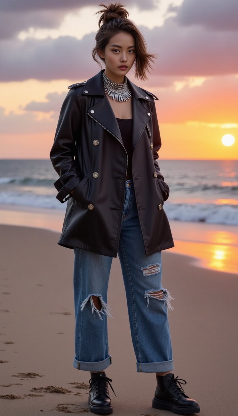 A young woman, with a edgy urban fashion style, stands confidently on a serene beach at sunset, her black leather jacket and distressed denim jeans contrasting with the soft, golden sand and gentle waves behind her, as she gazes directly into the camera with a bold, avant-garde expression, her dark hair tousled by the ocean breeze, and her statement silver necklace catching the warm light; she wears urban-style chunky sneakers, which add a gritty touch to her overall look, now set against the tranquil beach scenery, with the vibrant hues of the setting sun casting a colorful glow across the sky and sea in the background.