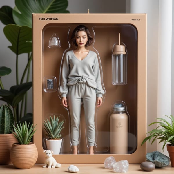 Woman in activewear, with a water bottle, plants, and crystals around her — serene colors and zen mood
