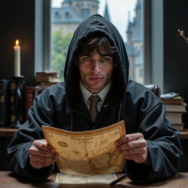 Hyper-realistic HDR close-up of a 17-year-old male Hogwarts student with pale skin, faint blue undertones under eyes from dim lighting, and an intense, focused gaze. Dark brown hair with a slight wave falling partially over his forehead, matte texture. Wearing a deep-black hooded robe pulled forward to shadow the upper face, only the tip of the nose and mouth fully lit. Pose: seated at a wooden desk, both hands delicately unfolding an aged parchment Marauder’s Map (visible creases, fiber texture, faint sepia ink). Camera: Nikon Z8, 85mm f/1.8 prime, aperture f/1.8, camera at slightly above hand height for immersive tabletop perspective. Lighting: single warm candle key light (2800K) to left casting deep, directional shadows across hands and parchment; subtle secondary cool fill (5600K) from unseen window gives slight edge highlight to hood; flame flicker creates moving micro-shadows across knuckles and page folds. Background: deep black vignette with barely visible shapes of stacked books, ensuring full focus on subject and map.