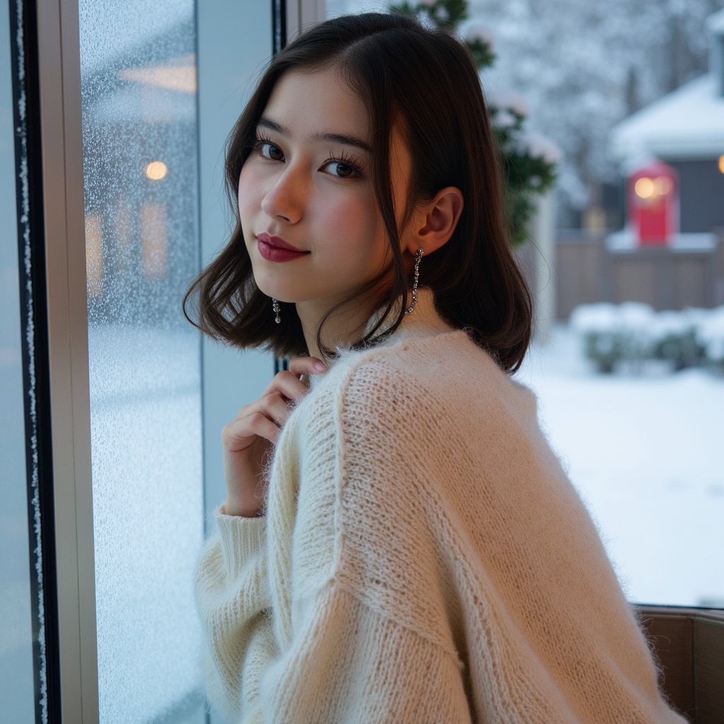 Headshot of a woman sitting beside a snow-frosted window, shoulders slightly angled away, head turned back toward the lens with a gentle soft-smile. She wears a white mohair sweater with fine fuzzy fibers visible and a thin silver chain. Hair: shoulder-length curls, slightly glossy, parted to one side. Makeup: soft berry lips, natural lashes, subtle winter flush on cheeks. Lighting: cool snow-reflected daylight from the window as the key light, with a warm bounce fill from camera-right to give a Christmas glow. Background: cold blue-white window frost with subtle bokeh from outdoor holiday lights; minimal indoor clutter. Camera: 85mm f/1.8, tight frame; highly realistic, highly detailed, HDR, sharp eye reflections and visible fabric texture; still, serene winter mood.
