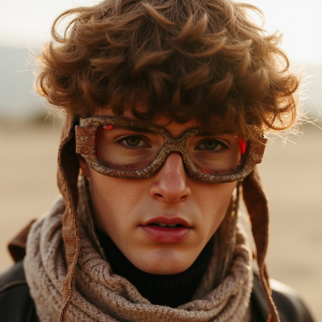 man in a striking, expressive look inspired by the spirit of Burning Man. The scene evokes the surreal, dust-filled desert with soft light flares and atmospheric haze. Accessories like layered fabrics, creative face coverings, or desert goggles enhance the visual mood. His appearance channels a bold, free-spirited energy. The lighting is cinematic and sculptural, casting deep contours and ambient shadows. Hyper-detailed, sharp focus, high contrast, ethereal tones.