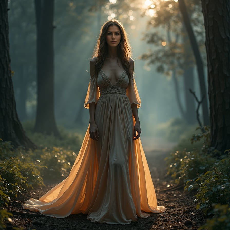  A woman is portrayed in a futuristic setting, perhaps floating in space or standing on a distant planet. The twilight of a nearby star bathes her in soft, otherworldly light, and stars or nebulae glow around her, adding to the cosmic feel.