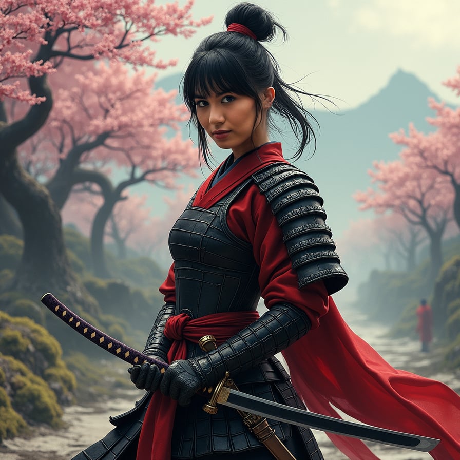 Japanese samurai girl in traditional armor, posing confidently with a katana sword, hint of determination in her eyes, against a dramatic, misty Japanese landscape background with cherry blossom trees.