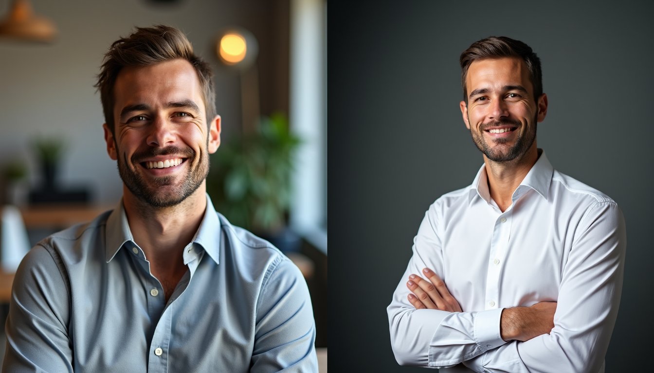 Two male business headshots are presented side-by-side, each capturing a distinct approach to professional portraiture. On the left, a casual, poorly lit headshot features a man with a slightly disheveled appearance, his facial features somewhat obscured by harsh shadows and a grainy texture that detracts from clarity. The background is cluttered and distracting, with undefined elements competing for attention. He wears a rumpled, light-colored dress shirt, similar to his counterpart, but the overall effect is one of unpolished informality. In contrast, the headshot on the right presents a clean, well-lit portrait of a man with a confident expression, his face illuminated by soft, diffused light that evenly balances highlights and shadows. The background boasts a smooth, gradient transition from a muted tone to a lighter shade, providing a clean and professional backdrop. He wears a crisp, white dress shirt, exuding an air of professionalism and assurance, with a subtle, enigmatic smile that suggests approachability and authority. The two images starkly illustrate the impact of lighting, composition, and grooming on the perception of professionalism in business headshots.