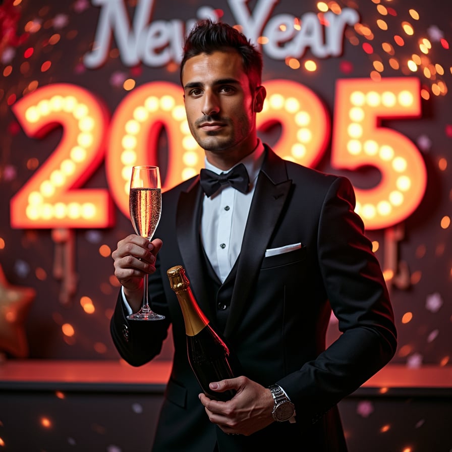 A man in a sleek black tuxedo, holding a glass of champagne, standing against a backdrop of glittering lights and a "Happy New Year 2025" banner, smiling confidently at the camera