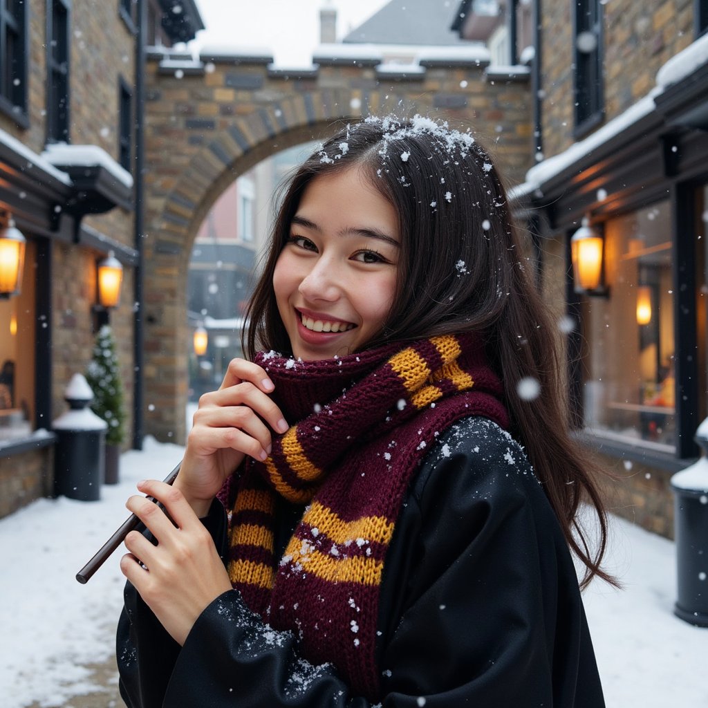 Highly realistic HDR candid medium shot of a 17-year-old female Hogwarts student with deep brown skin, glowing from cold with rosy cheeks, and bright white smile mid-laugh. Voluminous curly black hair dusted with individual snowflakes, edges catching light. Wearing a maroon-and-gold thick knit scarf wrapped snugly, black Hogwarts robe with frost along hem. Pose: turning halfway toward camera, right hand holding scarf edge close to chin, shoulders slightly hunched from chill. Camera: Sony A7R V, 50mm f/2 prime, aperture f/2, camera at chest height to match eye line. Lighting: soft overcast daylight (5600K) providing even, shadowless illumination; snow in air reflecting ambient light to create gentle fill on lower face; micro-refractions in snowflakes producing faint sparkle. Background: blurred timber shopfronts with glowing lanterns in windows, warm amber tones contrasting cool snow palette, no distracting foreground element