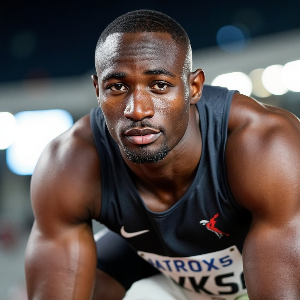 Portrait of a male long jumper crouched and ready at the starting line, dirt smudges on face, spotlight over one shoulder — powerful competition moment