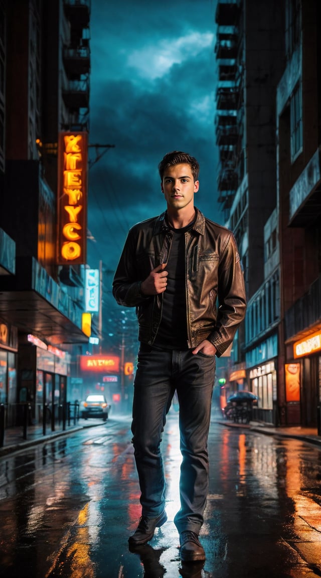 Rugged man, cybernetic implants, neon-lit cyberpunk cityscape, intense gaze.