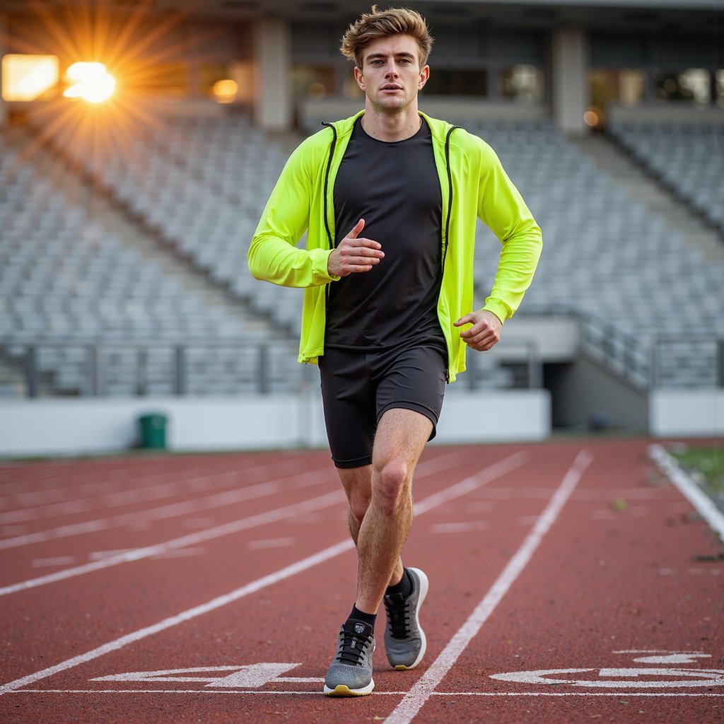 Man sprinting on a red tartan track at sunrise, breath visible in cool air; short fade haircut, slight stubble, intense forward focus; neon windbreaker half-unzipped over a compression tee, running tights layered with lightweight split shorts, knit mesh running shoes; dynamic panning shot at hip height to emphasize speed, 50mm, f/2.8, 1/60, ISO 200 with controlled subject sharpness and motion-blurred background; golden hour backlight with warm rim on shoulders and cool ambient fill from the sky; stadium bleachers and lane numbers softly blurred, minimal clutter; fabric wrinkles and reflective piping on windbreaker clearly rendered; highly detailed, highly realistic, HDR
