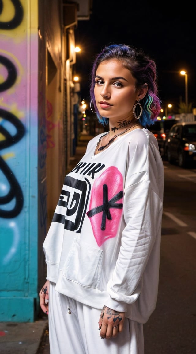 Punk style woman, graffiti alley, intricate details, noir vibe.