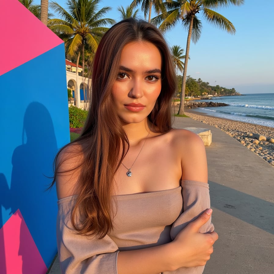 woman posing confidently in a vibrant studio setting. Her high-shine makeup dramatically accentuates her contoured cheekbones and illuminated brow bones, with her eyes making intense contact with the viewer. She wears a sleek, off-the-shoulder top that complements her bold, artistic background which features geometric shapes in electric blues and hot pinks, embodying a contemporary, high-fashion aesthetic.