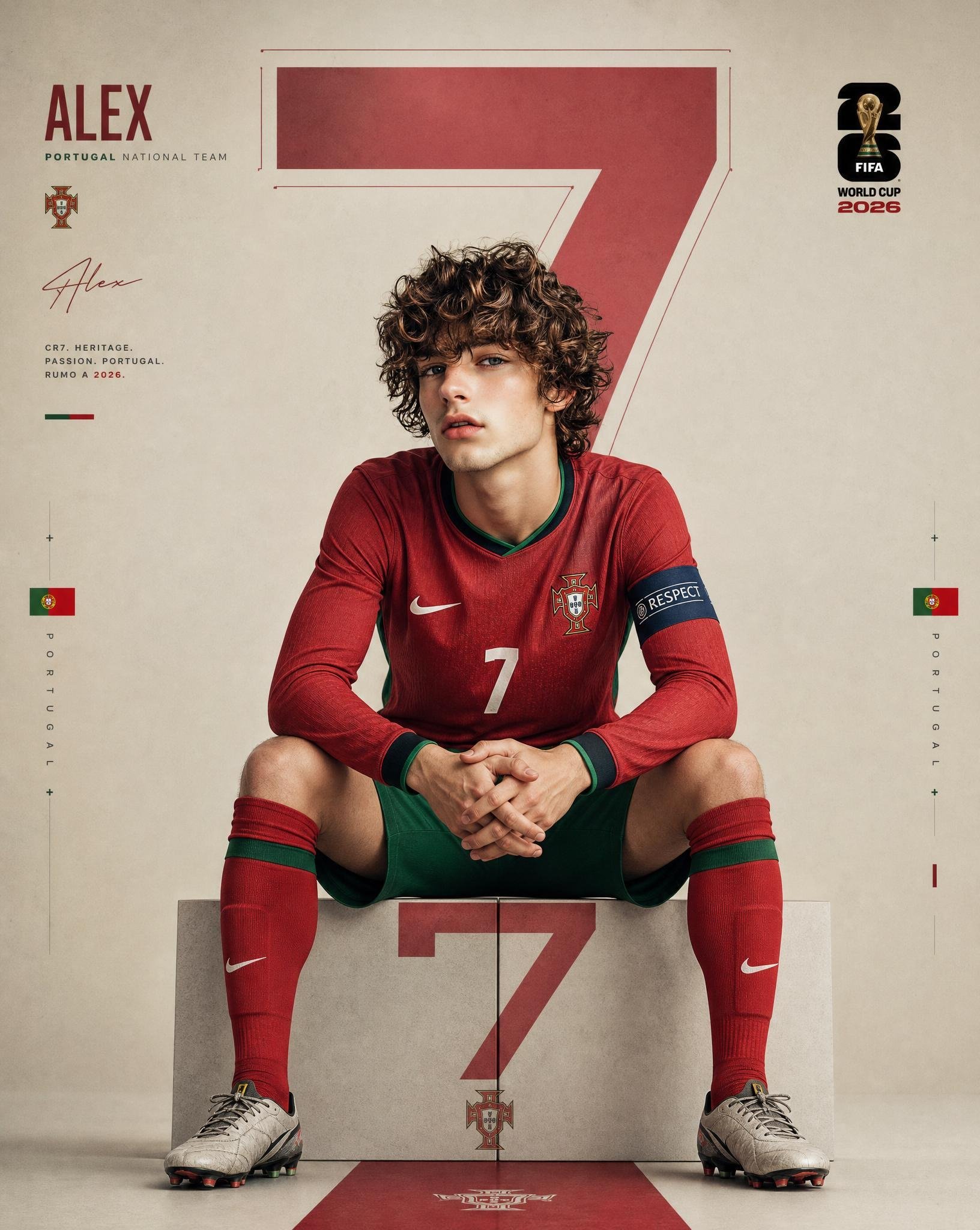 Design a hyper-realistic FIFA 2026 football poster inspired by premium sports editorial photography and minimalist World Cup branding.

Create a centered composition of a football player sitting confidently on a geometric block inside a clean studio-style environment. The player faces forward with elbows resting on knees and hands clasped naturally, giving a calm, focused, determined expression toward the camera.

TEAM CUSTOMIZATION:
Automatically adapt the entire design to Portugal colors, flag accents, and national football identity.
Use official-inspired jersey colors, sock stripes, typography accents, and subtle national design motifs throughout the poster.

PLAYER DETAILS:
- Jersey Number: 7
- Team Name: [TEAM NAME]
- Player Name: Alex
- Official-inspired modern football kit with realistic fabric texture
- Matching socks, boots, captain armband if needed
- Natural athletic body proportions
- Ultra-realistic skin texture and facial detail

LAYOUT & COMPOSITION:
- Large oversized transparent player number placed behind the player vertically
- Matching number integrated beneath the seat/platform
- Minimal geometric graphic lines and thin UI-inspired football design elements around composition
- Small national flag accents on sides
- FIFA World Cup 2026 badge/logo placement in upper corner
- Balanced negative space with ultra-clean layout

COLOR DIRECTION:
Use the exact national team palette throughout:
- Brazil → yellow, green, blue
- Argentina → sky blue, white, silver
- Portugal → deep red, green
- France → navy blue, white, red
- Japan → blue, white
- Morocco → red, green
etc.

LIGHTING:
Soft cinematic studio lighting, subtle rim light, realistic shadows, premium sports-poster contrast, slightly desaturated editorial tones.

STYLE:
modern FIFA World Cup campaign aesthetic, Nike/Adidas football editorial, cinematic athlete portrait, ultra-clean sports branding, realistic football photography.

TEXTURES:
realistic jersey fabric, soft paper grain, stadium-inspired haze, glossy lighting reflections, subtle vintage print texture.

OUTPUT:
4:5 vertical composition, ultra-realistic sports campaign poster, minimalist luxury football aesthetic, clean beige/off-white background, no clutter.
