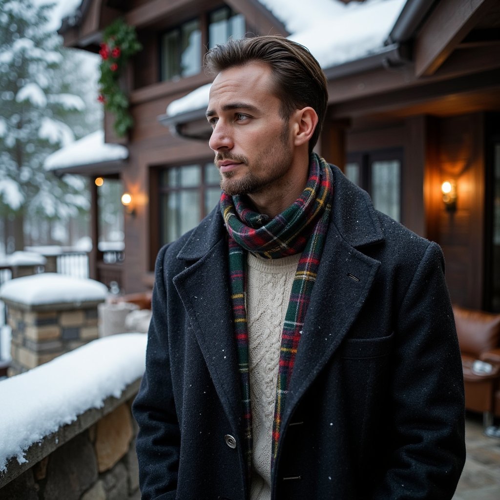 Man standing on a snow-dusted stone terrace overlooking pine forest; body slightly turned, eyes into distance. Hairstyle: swept-back hair, trimmed beard with snow specks. Attire: dark wool overcoat layered over a cream cable-knit sweater, plaid scarf loosely wrapped. Fabric details: visible wool fibers, scarf weave, frost crystals. Camera: medium telephoto, 70mm, f/2.8. Lighting: soft overcast daylight, gentle edge light from snow reflection. Background: blurred snow-covered pines and lodge windows glowing faintly; minimal foreground clutter. Pose: hands in coat pockets, posture upright. Render: highly detailed, highly realistic, HDR; visible breath mist, true skin tone under cool light.
