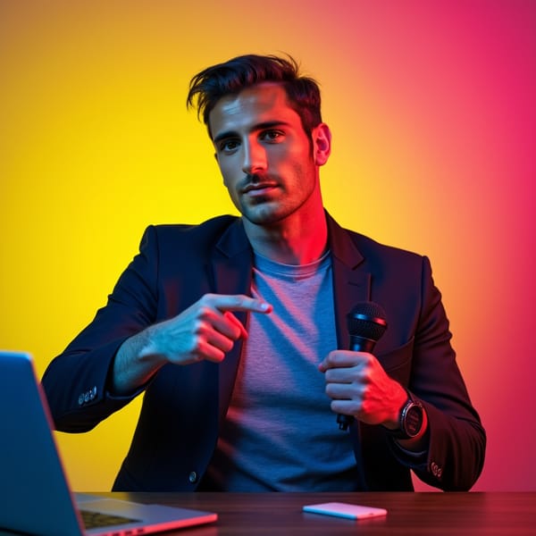 man with a focused and engaging expression. He is pointing to the side or holding a prop relevant to his content (e.g., a microphone or laptop). The background is a vibrant color gradient, designed to match bold text overlays
