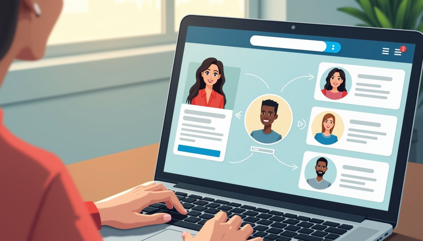 A professional digital illustration of a recruiter’s laptop screen showing multiple LinkedIn profiles, where one profile stands out due to a high-quality headshot while others have selfies or missing photos. Slight blur effect on surrounding profiles.